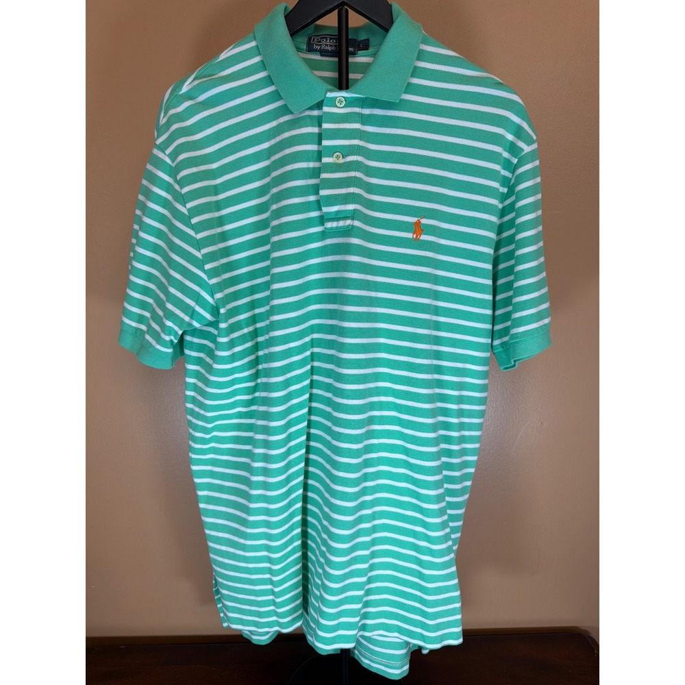 Polo Ralph Lauren Mens Green White Striped Short Sleeve Polo Shirt Orange Pony L